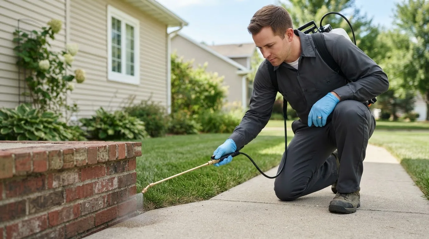 Pest control technician treating a home near Garden Grove, IA