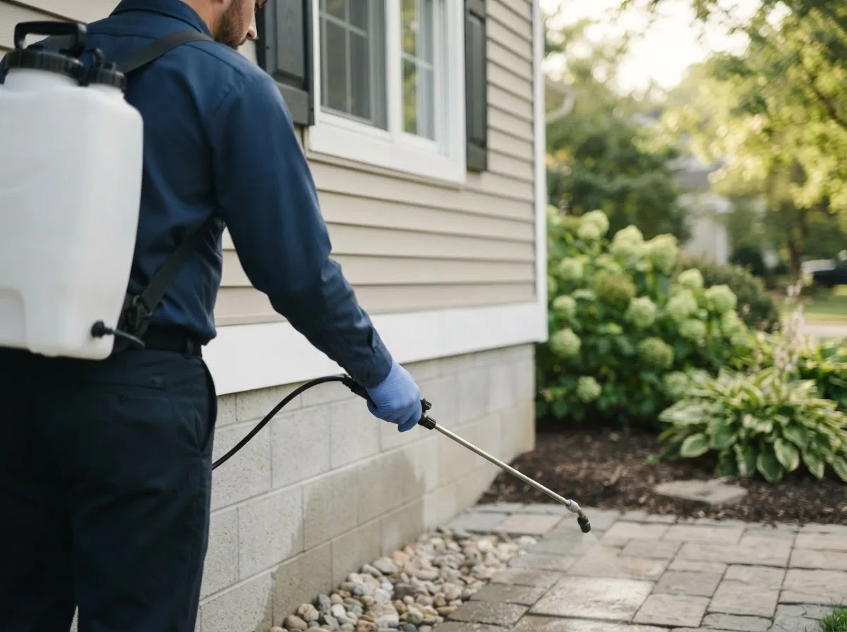 Pest control technician inspecting a home in Garden Grove, IA